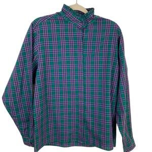 Vintage Womens L Green Plaid Puff Sleeve Ruffle Shirt Dark Academia Office Retro